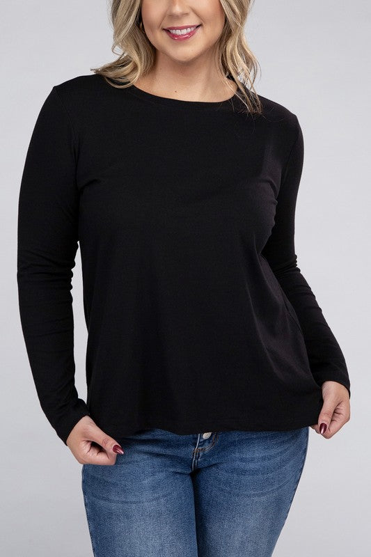 Zenana Plus Cotton Crew Neck Long Sleeve T-Shirt in 3 Colors