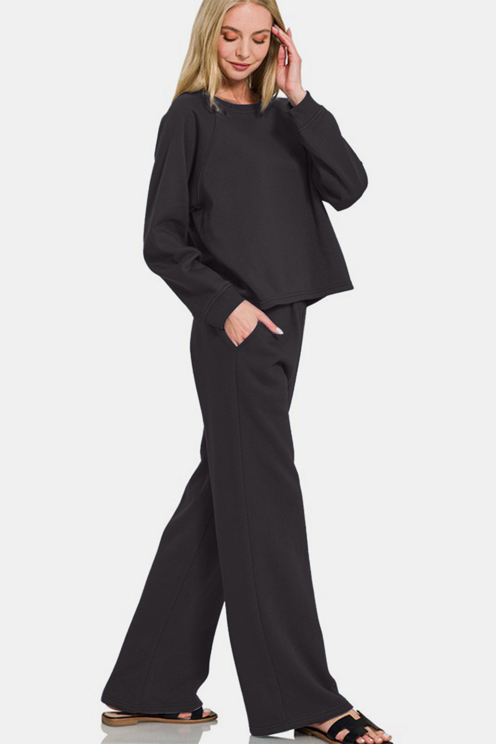 Zenana 2-Piece Lounge Set Raglan Sleeve Top and Pull-On Wide Leg Pants in Black