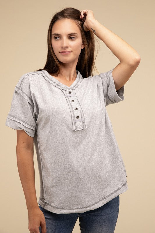 Zenana Cotton Raw Edge Short Sleeve Henley T-Shirt in 4 Colors