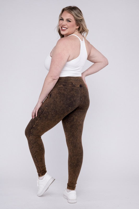 Zenana Plus Mineral Washed Wide Waistband Leggings / Yoga Pants in 3 Colors