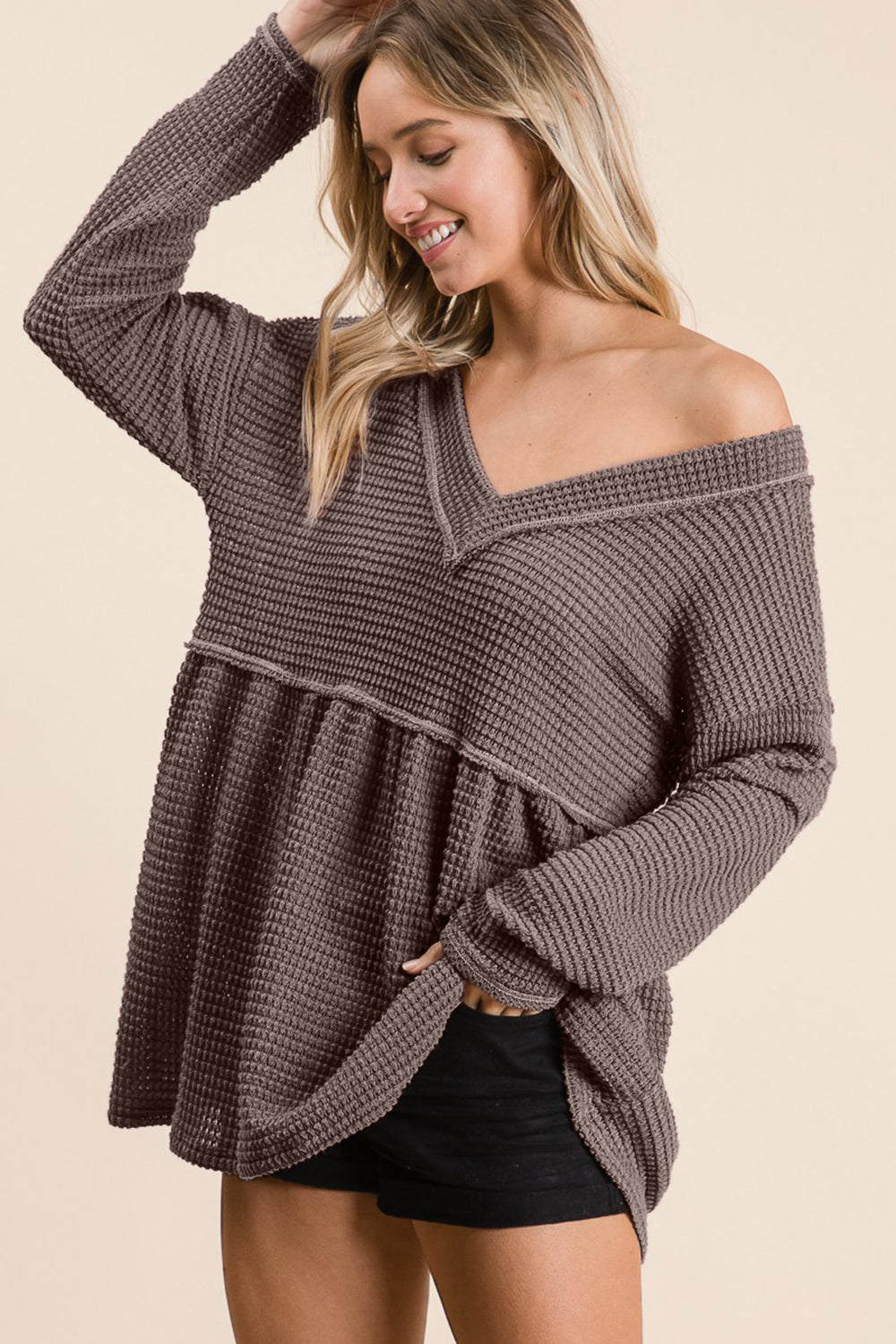 BiBi Waffle-Knit V-Neck Tunic Top