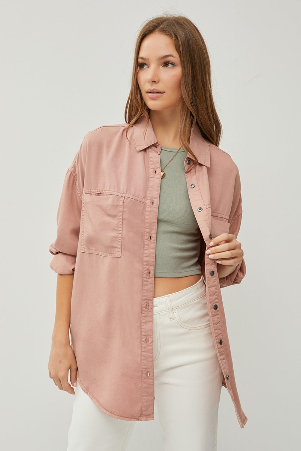 RISEN Button-Down Long Sleeve Denim Shirt in Mauve