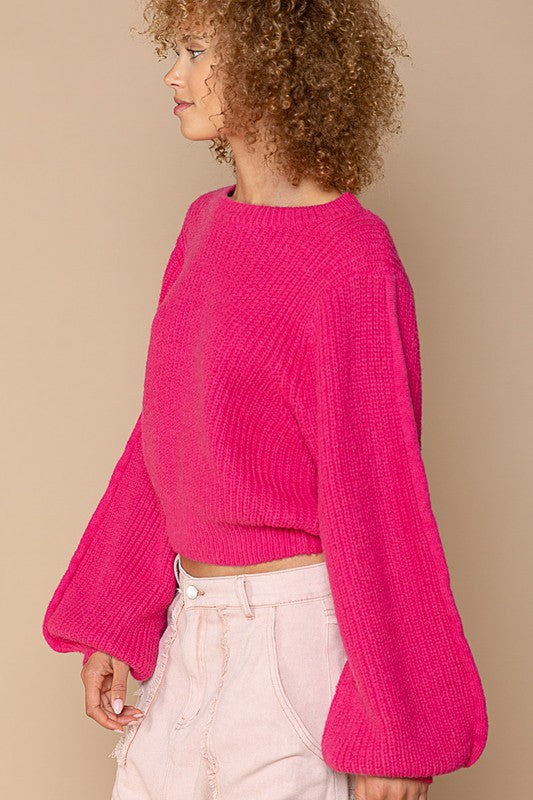 POL Oversized Soft Knit Balloon Sleeve Cropped Round Neck Sweater in Hot Pink NWT