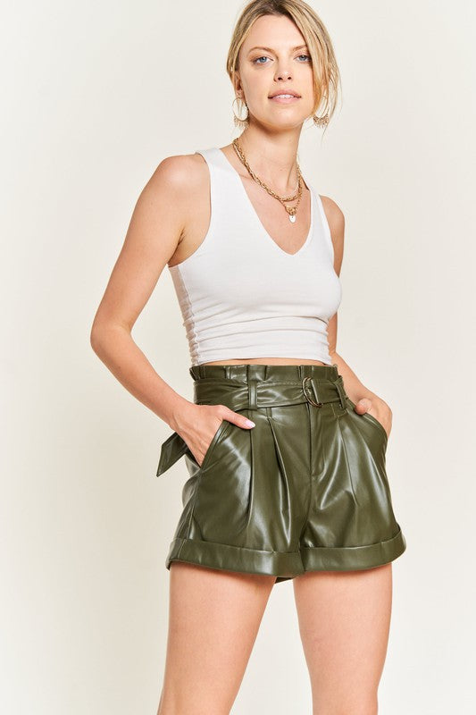 Jade By Jane High-Rise Belted Faux Leather Shorts in 2 Colors