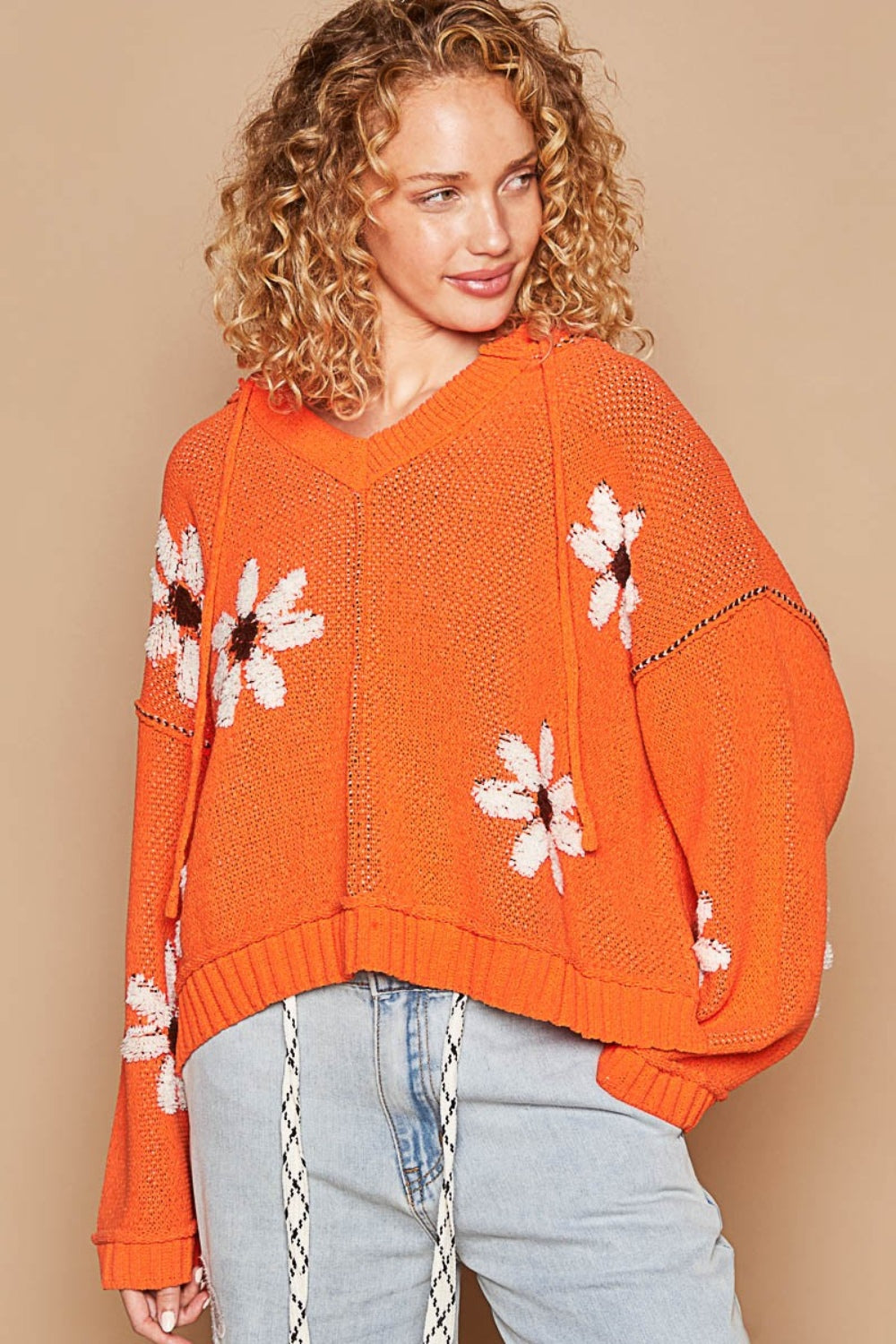 POL Floral Pattern Hooded High-Low Sweater in Orange Multi