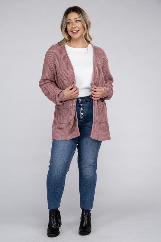 Zenana Plus Waffle-Knit Open Front Tunic Cardigan Sweater with Pockets in 5 Colors