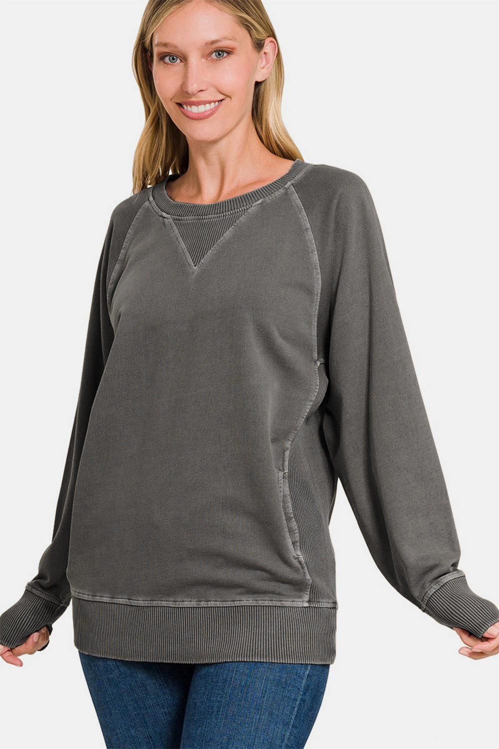 Zenana Cotton Crew Neck Pocket Tunic Sweatshirt in Washed Black