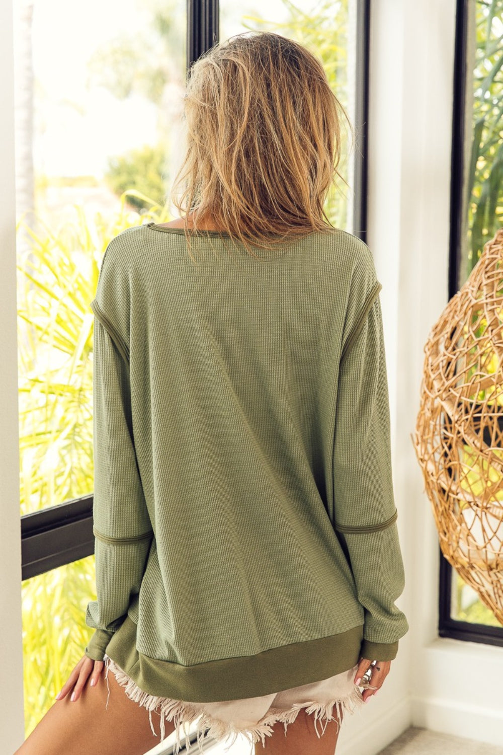 BiBi Waffle-Knit Contrast Long Sleeve T-Shirt in Olive