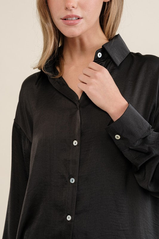 Sweet Generis Satin Long Sleeve Button-Down Top in 6 Colors