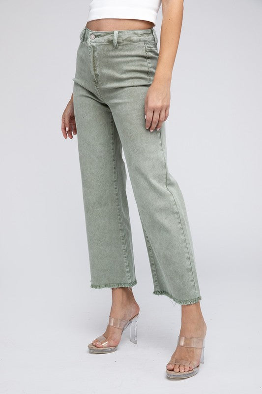 Zenana Acid Wash Cotton Cropped Raw Hem Jeans in 5 Colors