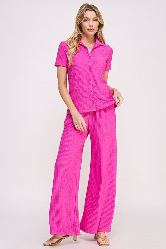 JADE BY JANE TWO PIECE TEXTURED SHORT SLEEVE BUTTON TOP & WIDE LEG PANTS SET IN 3 COLORS