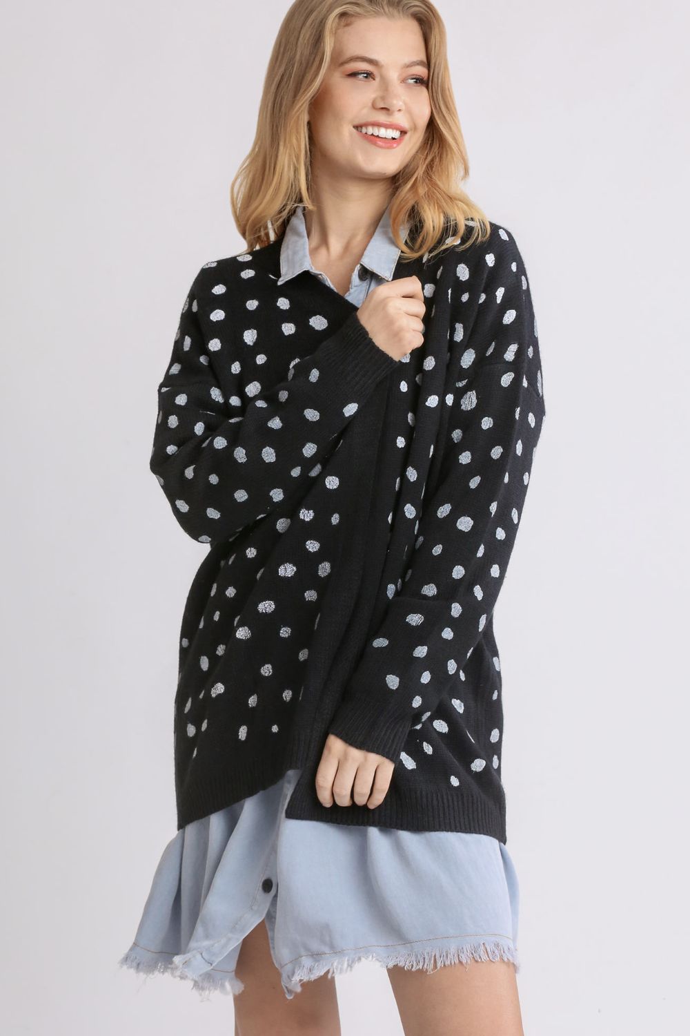 Umgee Polka Dot Open Front Cardigan Sweater in Black Multi NWT
