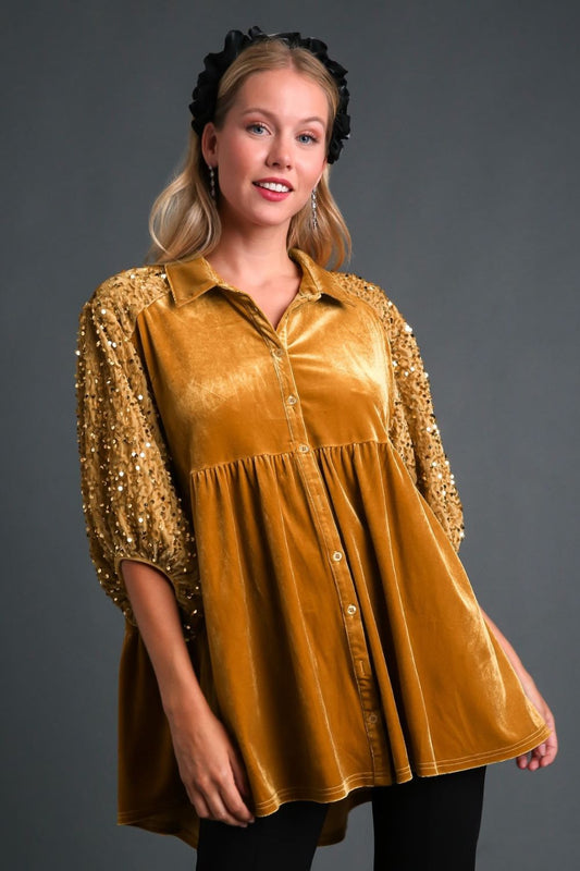 Umgee Sequin Detail Tiered Velvet V-Neck Top in Gold Mustard NWT