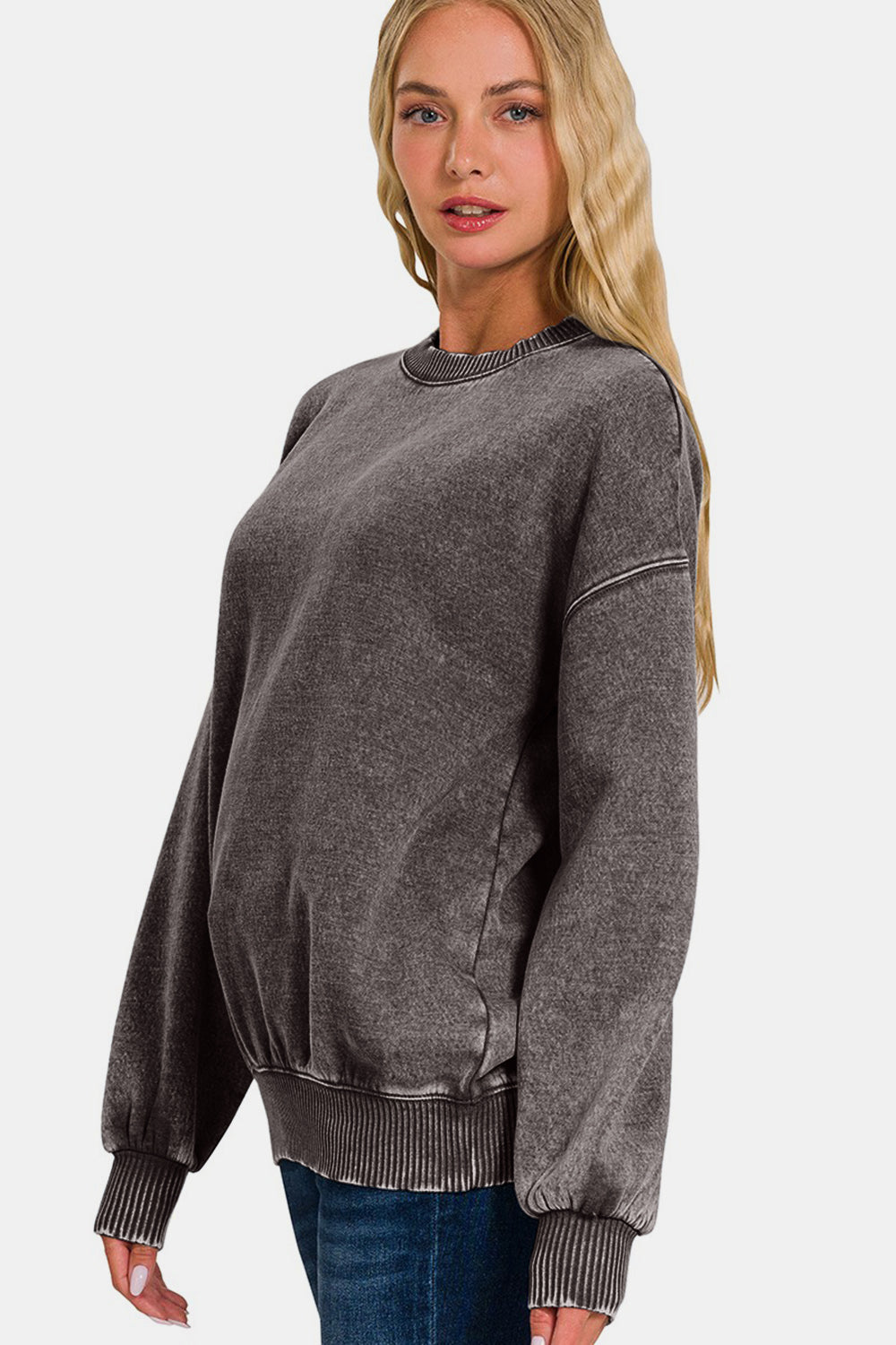 Zenana Sizes Small to 3X Acid Wash Fleece Long Sleeve Sweatshirt in Ash Black