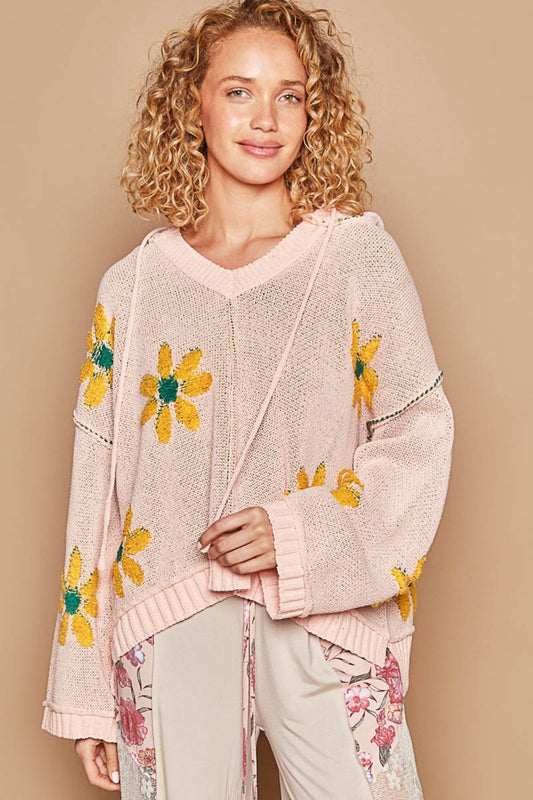 POL Floral Pattern Hooded High-Low V-Neck Sweater in Pink NWT