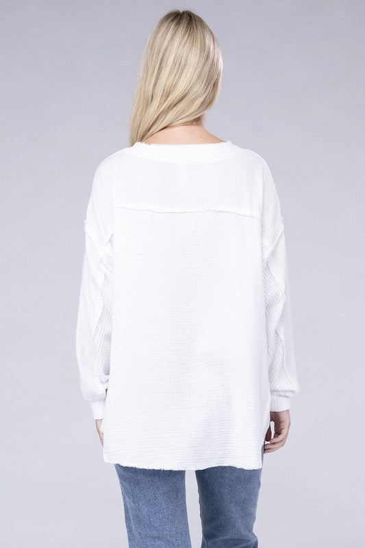 Zenana Double Cotton Gauze Oversized Raw Hem Henley Shirt in 8 Colors