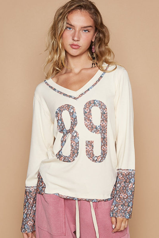 POL Floral Patchwork Number Long Sleeve V-Neck T-Shirt Rayon Stretch in Butter Milk Multi