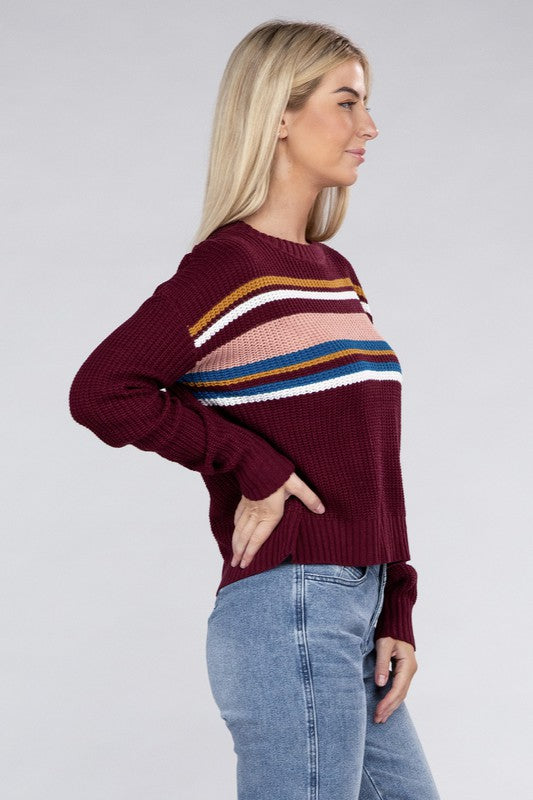 Ambiance Apparel Stripe Front Drop Shoulder Cropped Sweater in 3 Colors