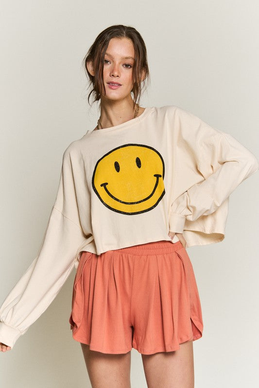 Jade by Jane Smiley Face Long Sleeve Cropped Graphic Tee in 4 Colors