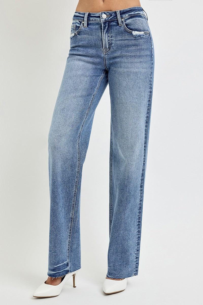 RISEN Full Size High Rise Straight Leg Jeans with Pockets in Medium Wash Blue