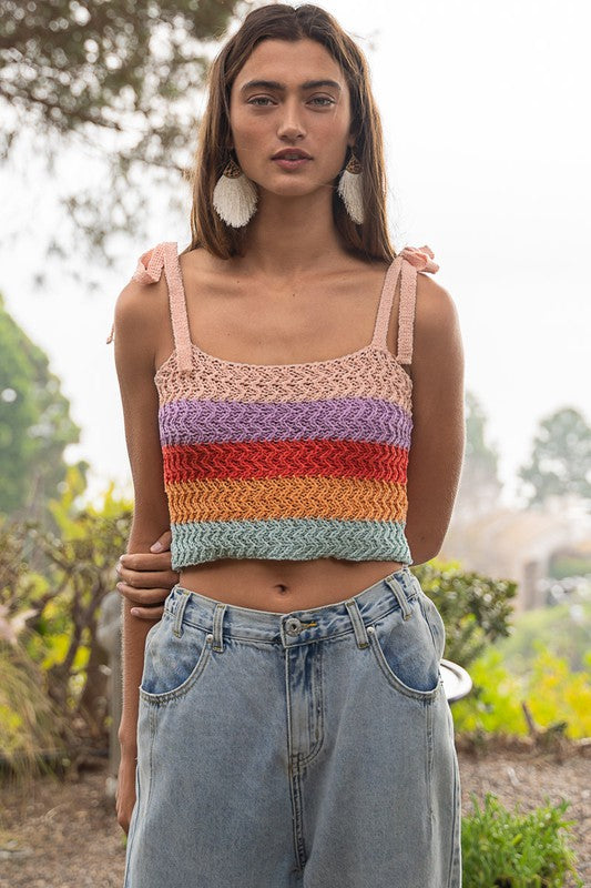 POL Tie-Shoulder Cropped Knit Cami Tank Top in Rainbow Sherbert