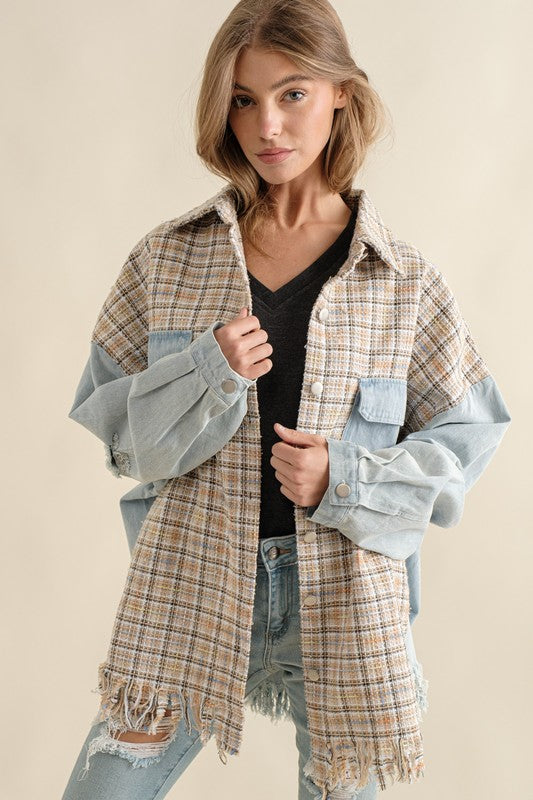 Sweet Generis Oversized Tweed and Denim Shirt Jacket with Fringed Hem