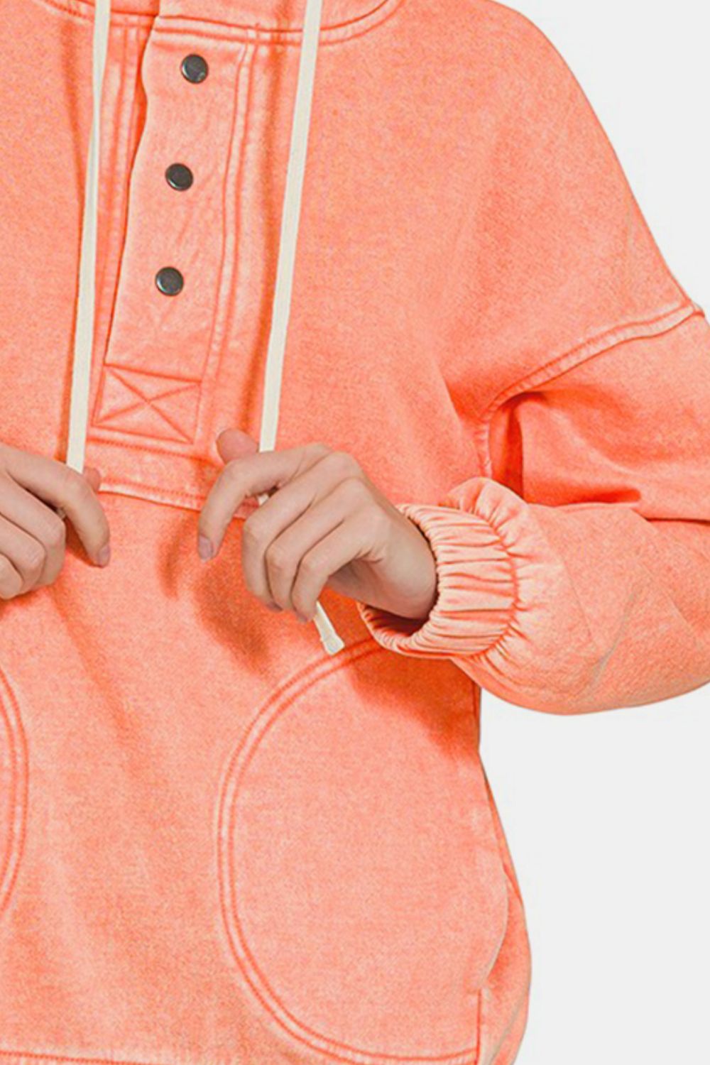 Zenana Washed Half Snap Drawstring Hoodie in Coral