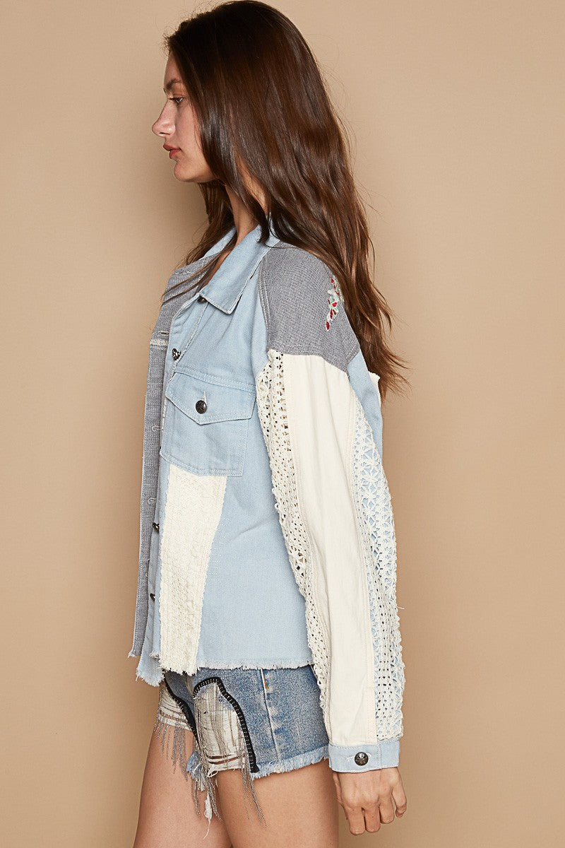 POL Raw Hem Crochet Embroidery Shirt Jacket with Chest Pockets in Denim Multi