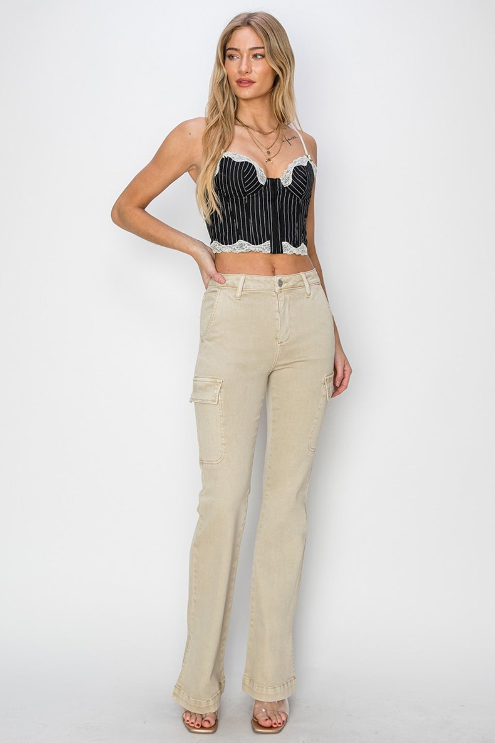 RISEN Full Size High Rise Side Slit Cargo Bootcut Jeans in Stone Beige