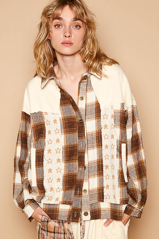 POL Plaid & Star Patchwork Color Block Long Sleeve Shirt Jacket in Brown/Beige Multi