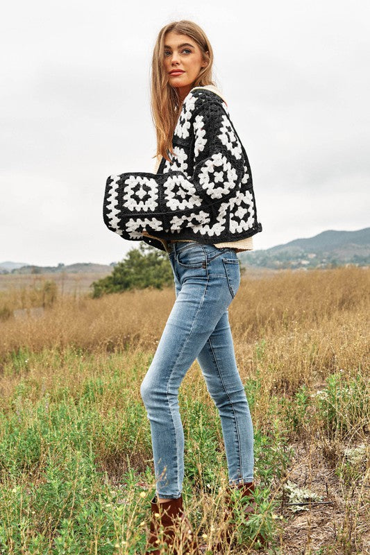 Davi & Dani Two-Tone Floral Square Crochet Open Knit Cropped Cardigan