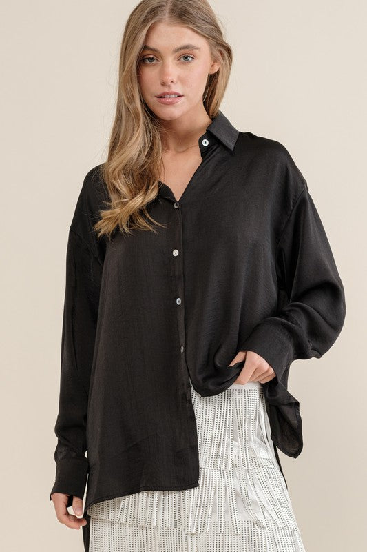 Sweet Generis Satin Long Sleeve Button-Down Top in 6 Colors