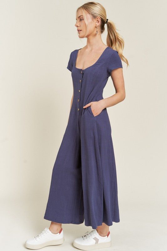 Jade by Jane Plus Linen Scoop Neck Jumpsuit in Navy or Mustard