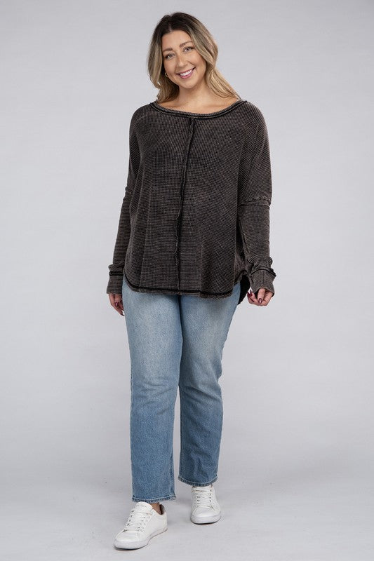 Zenana Plus Color Wash Waffle-Knit Exposed Seam Long Sleeve Boat Neck Top in 2 Colors