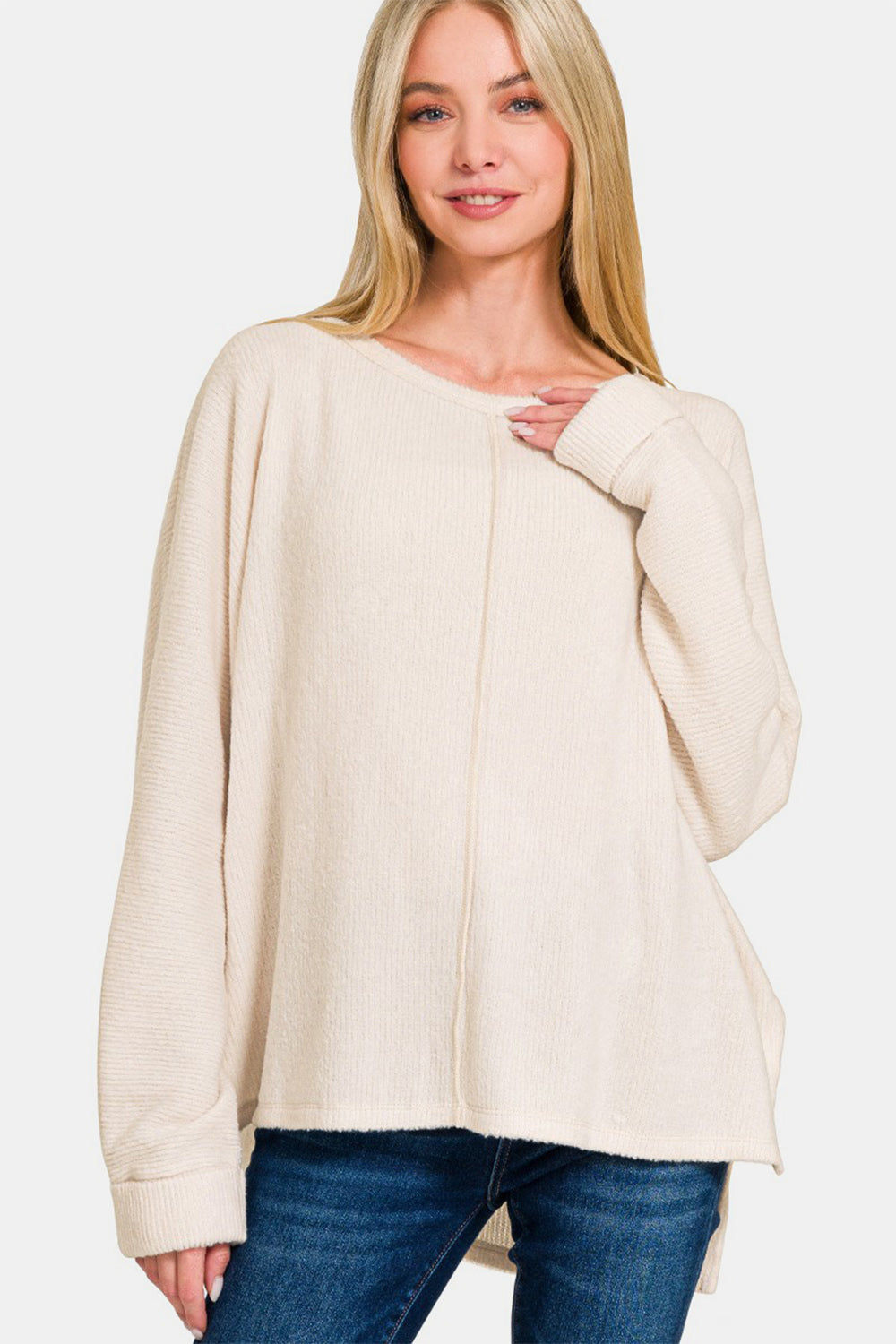 Zenana High-Low Side Slit Long Sleeve Round Neck T-Shirt Top in Sand Beige