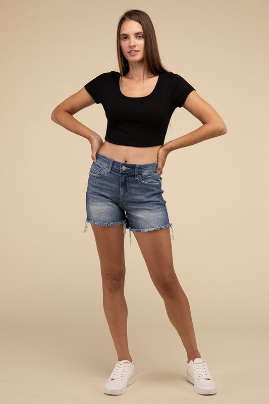 Zenana Mid Rise Raw Hem Denim Shorts