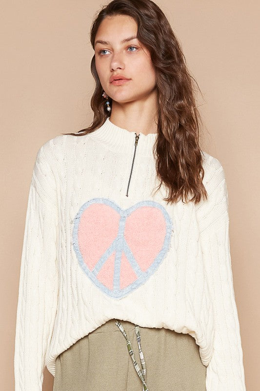 POL Heart Peace Patch Half Zip Cable-Knit Sweater in Ivory Multi NWT