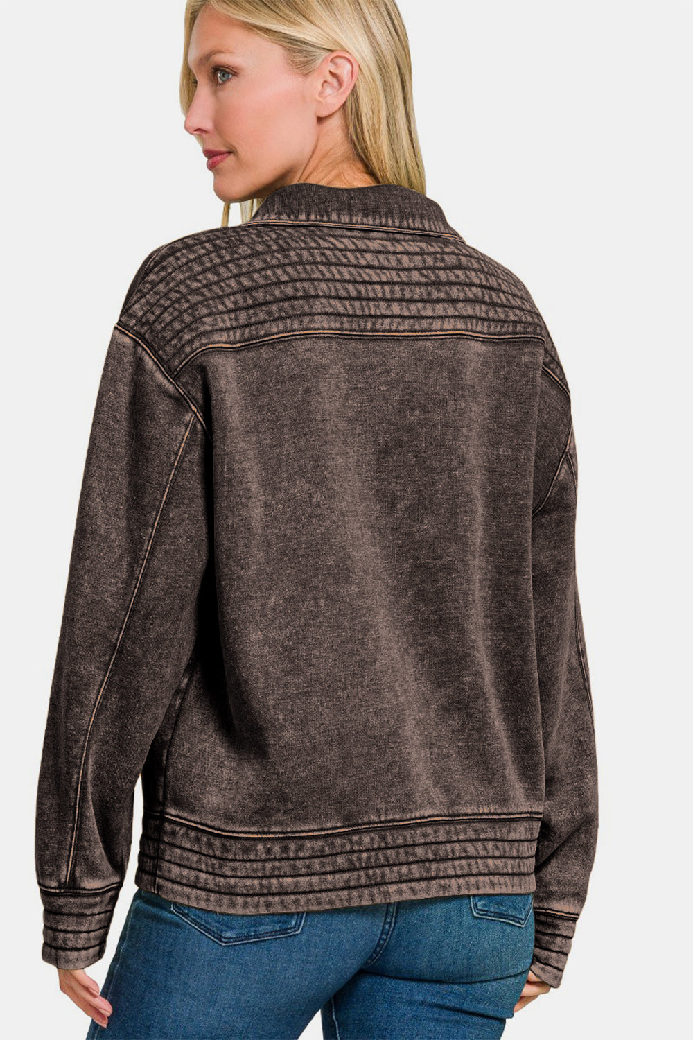 Zenana Acid Washed Half Snap Collared Fleece Sweatshirt in Ash Black