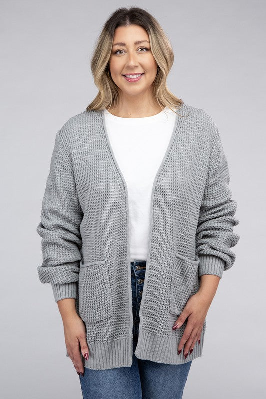 Zenana Plus Waffle-Knit Open Front Tunic Cardigan Sweater with Pockets in 5 Colors