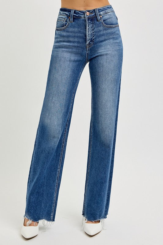 RISEN Tummy Control High Rise Raw Hem Jeans in Dark Wash Blue