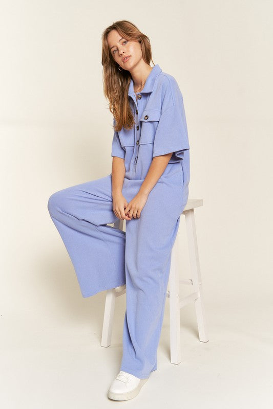 Jade By Jane Plus Size Collared Half Sleeve Wide Leg Jumpsuit in 2 Colors