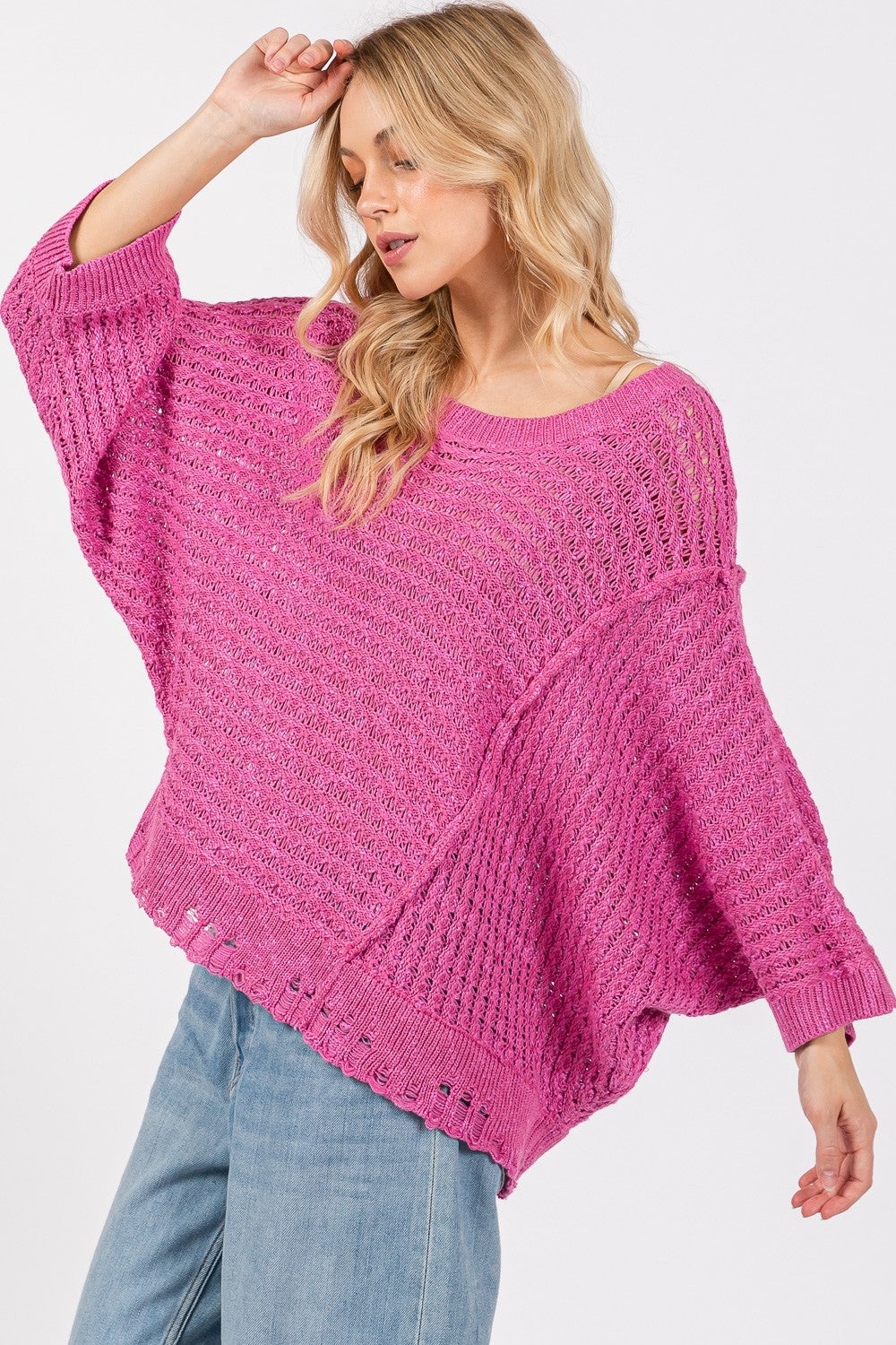 SAGE + FIG Distressed Asymmetrical Open Stitch Boat Neck Sweater in Magenta Pink