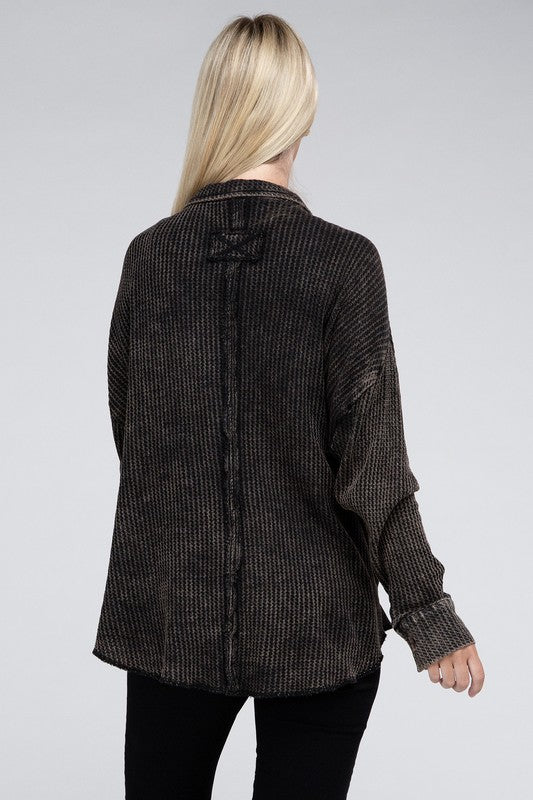 Zenana Acid Washed Oversized Waffle-Knit Shirt Jacket in Ash Black