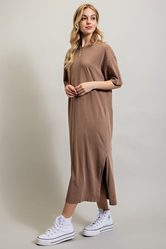 Sweet Generis Washed Cotton Half Sleeve T-Shirt Midi Dress in Charcoal or Taupe