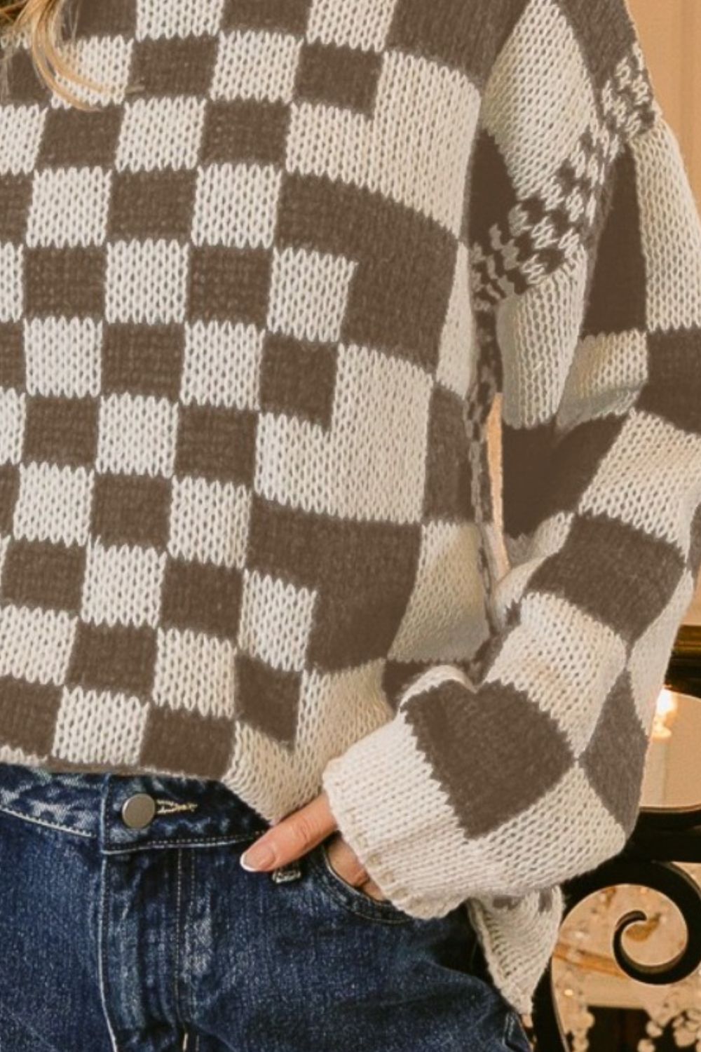 BiBi Checkered Contrast Chunky Sweater in Mocha Brown Multi NWT