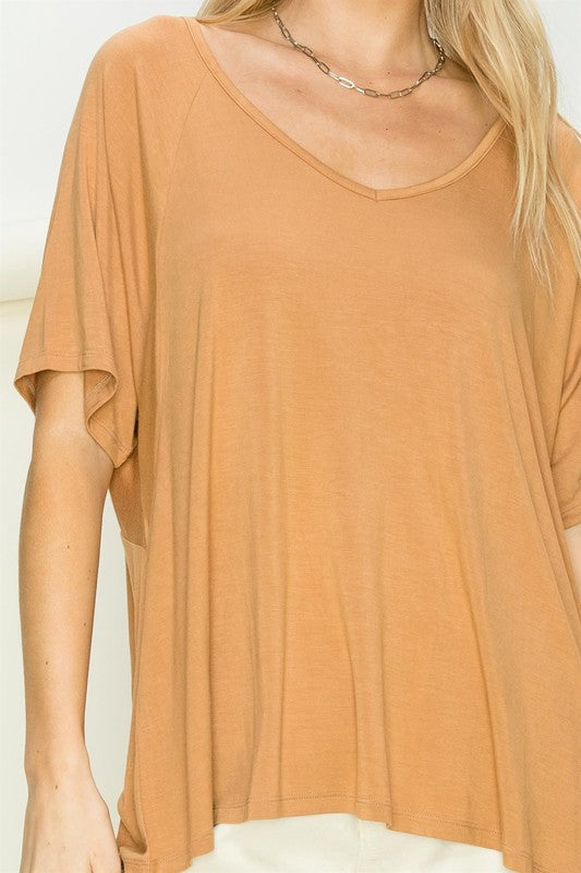 HYFVE Oversized Slinky Short Sleeve Tunic V-Neck T-Shirt in 3 Colors