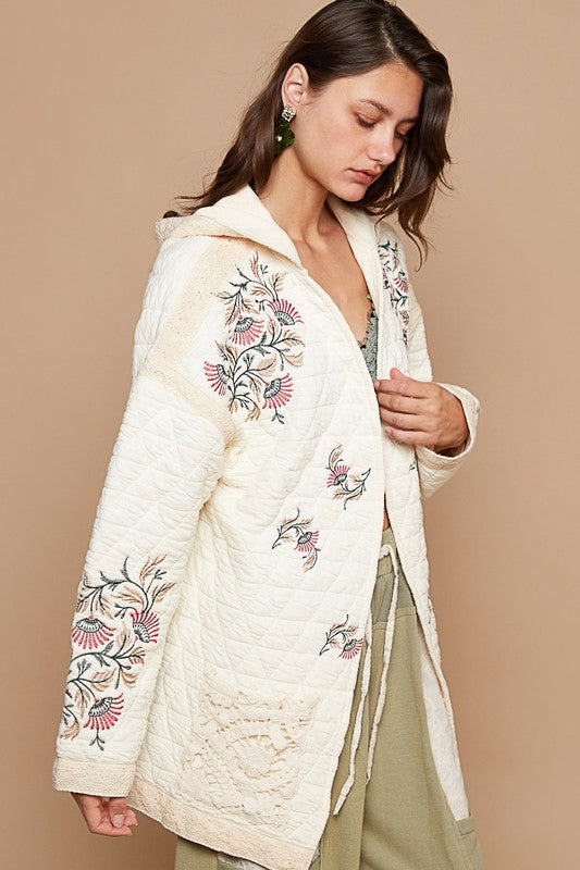 POL Embroidered Hooded Open Front Quilted Jacket with Crochet Pockets in Cream Multi NWT