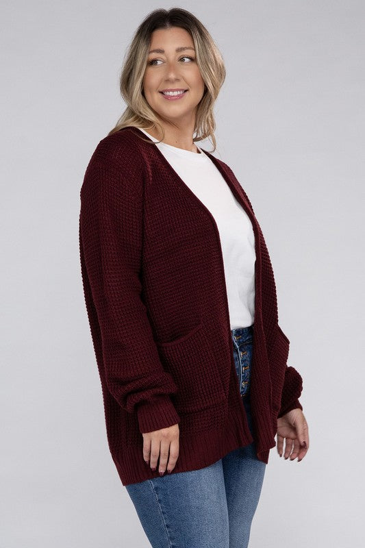 Zenana Plus Waffle-Knit Open Front Tunic Cardigan Sweater with Pockets in 5 Colors