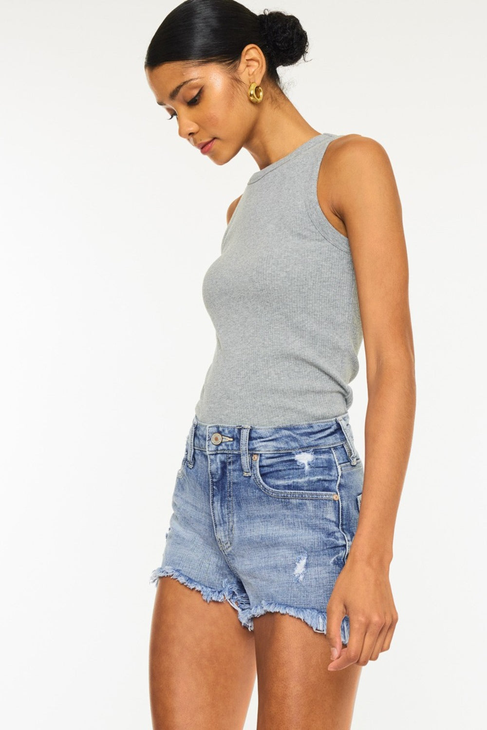 Kancan Raw Hem Faded Denim Shorts