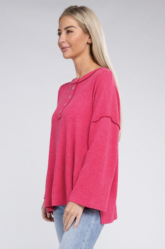 Zenana Slit Hem Bell Sleeve Ribbed Henley Sweater in 5 Colors